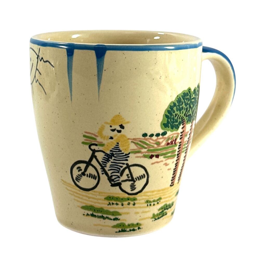 Vintage Kyuei Japan Stoneware Mug Girl on Bicycle Folk Art Coffee Cup 3.75” - Picture 4 of 9